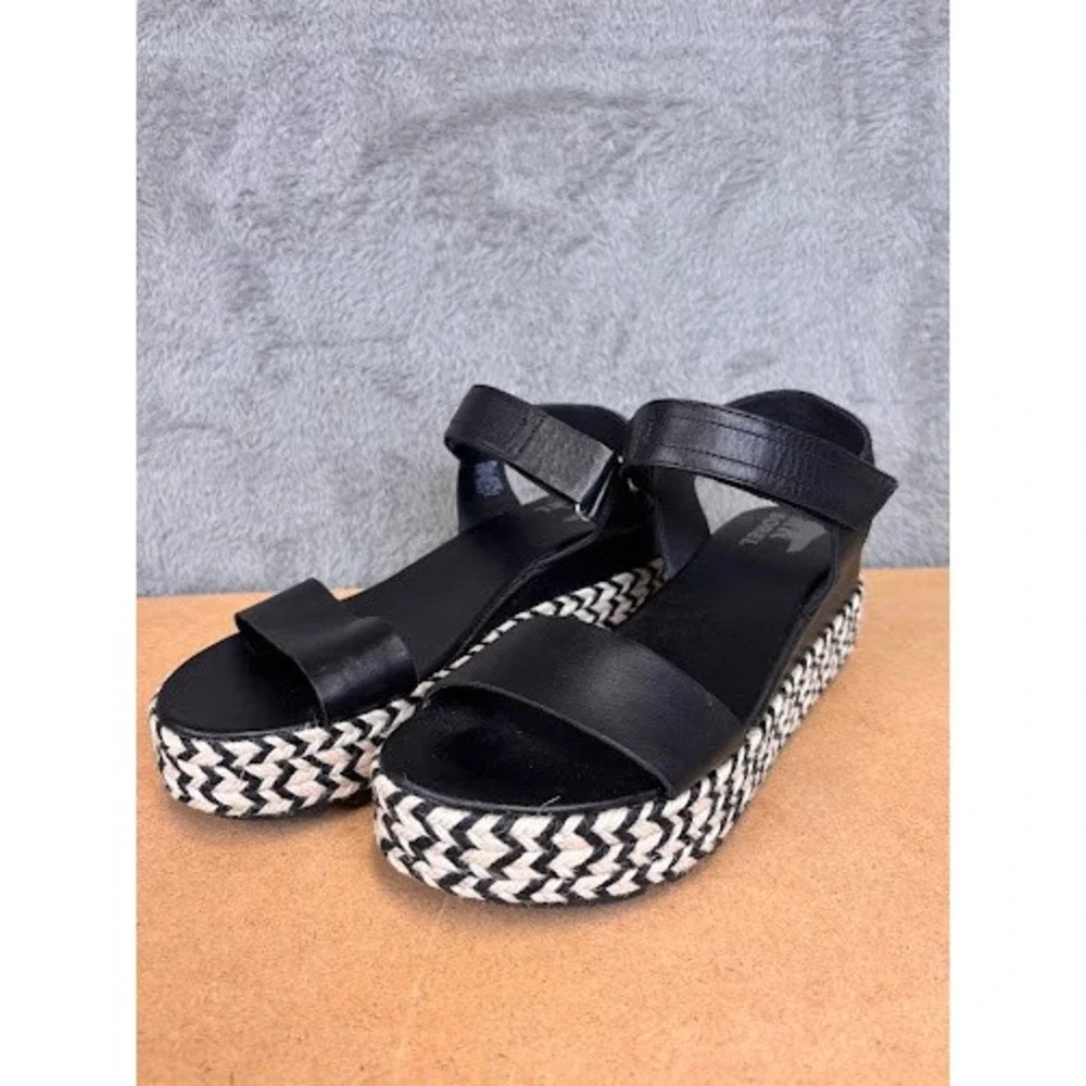 Sorel Cameron Flatform Sandals Black Leather Chevron Espadrille Womens 10 NL4012